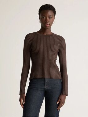 Quince Cotton Cashmere Ribbed Long Sleeve Sweater, Medium, Brown
